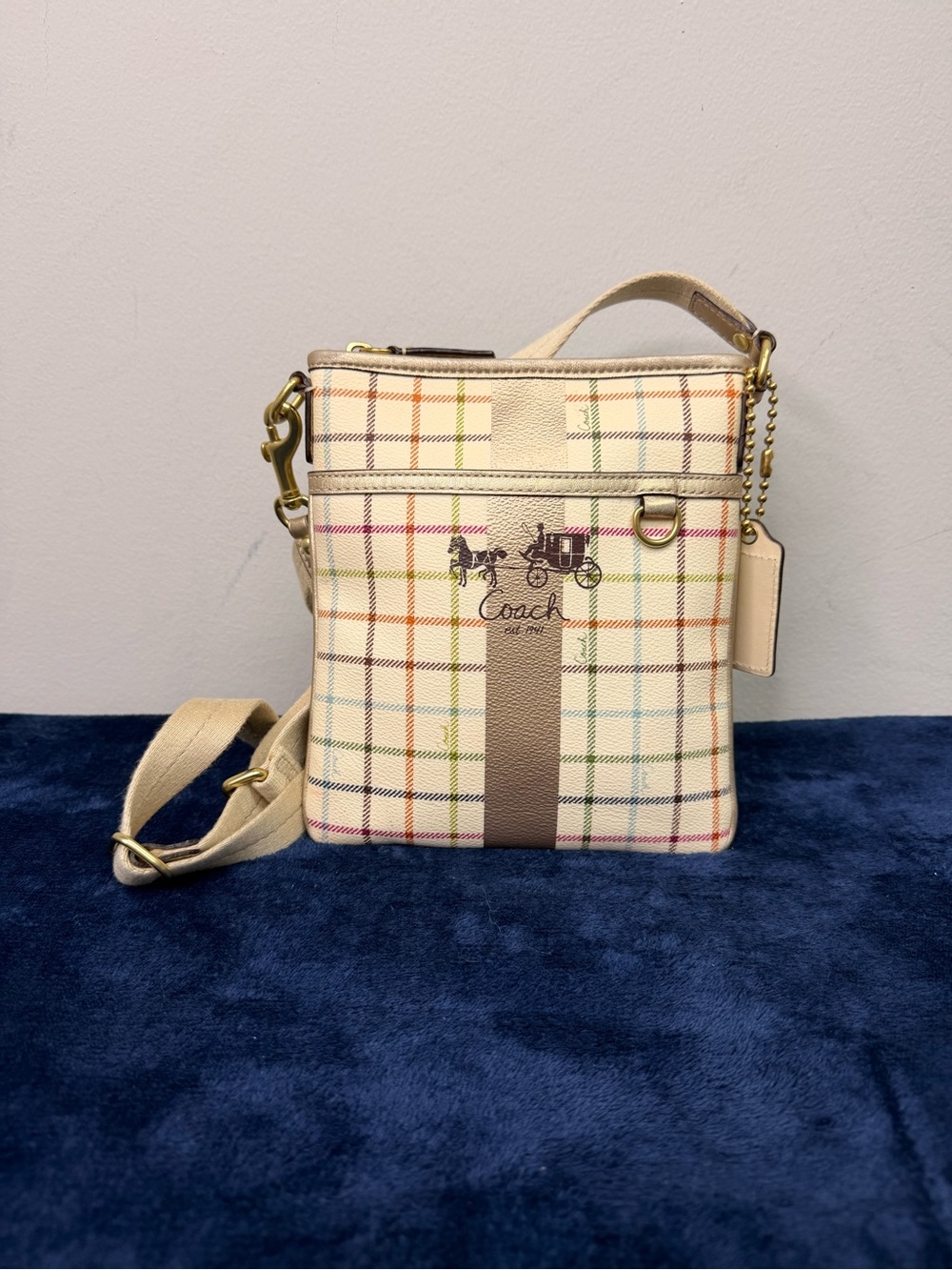 Coach Cream Crossbody Bag with Multicolor Plaid Trim